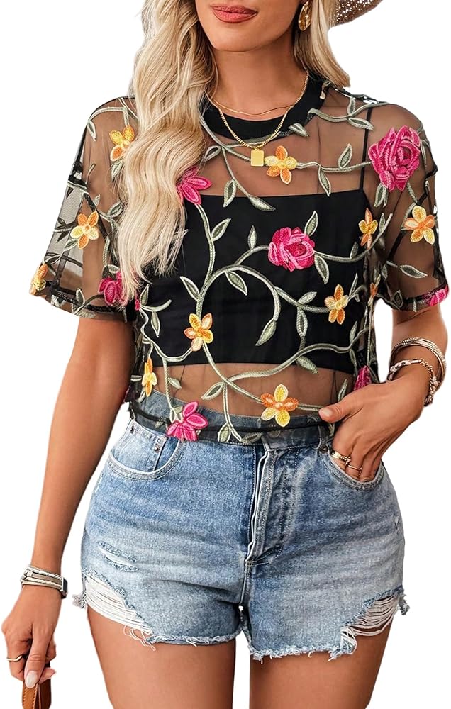 トップス SHEER FLOWER SHORT SLEEVE SHIRTS SweatyRocks Women Sexy Sheer Mesh Crop Tops Floral See Through
